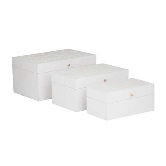 White Wood Intricate Carved Box with Hinged Lid Set